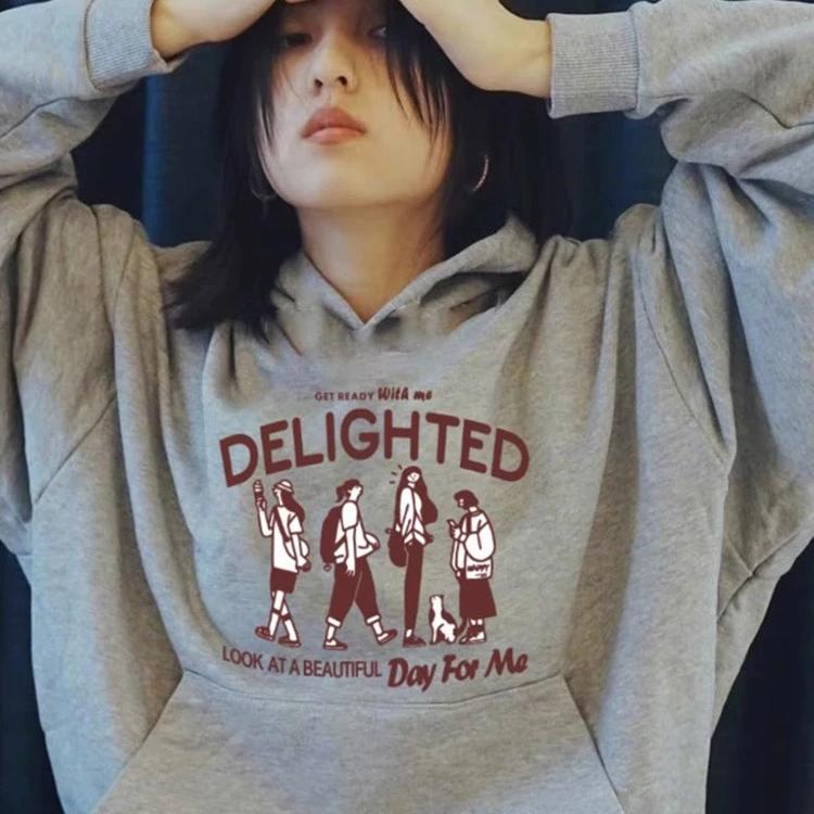 Zhang Zifeng's Same Style Gray Cartoon Print Sweatshirt for Women, Loose-Fitting Hooded Japanese-Style Jacket for Autumn and Winter