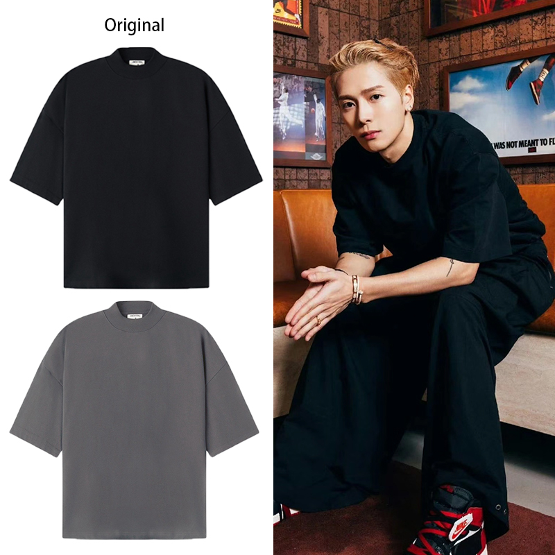 Jackson Wang Style Half-High Collar Loose T-Shirt Short Sleeve Men's 310g Heavyweight Loose Shoulder Minimalist Solid Color Pure Cotton Style