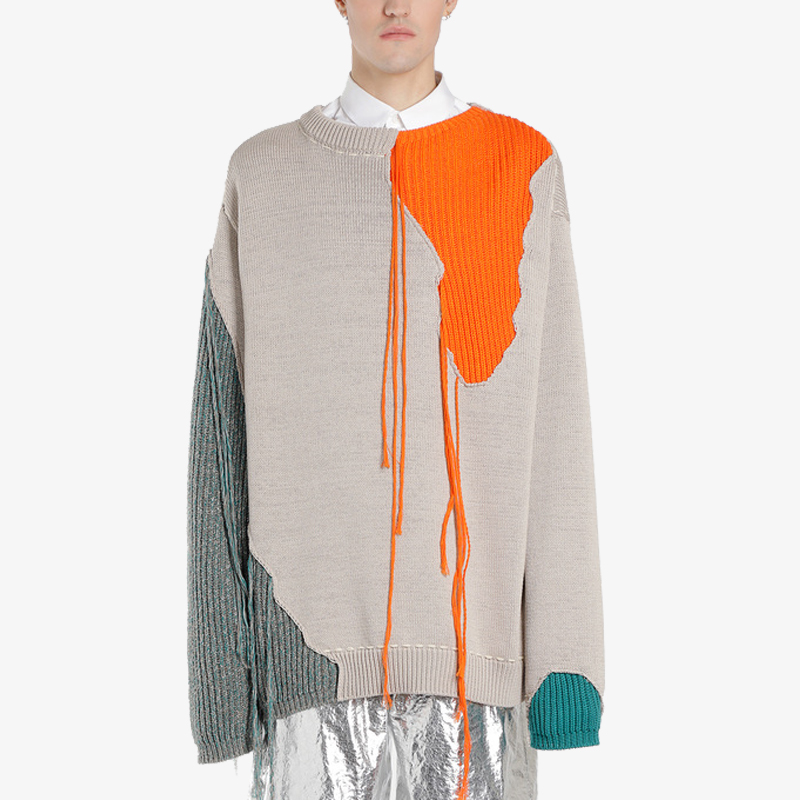 GAOSTUDIOS Premium Gray Irregular Color Sweater Men's Hand Tassel Round Neck Shirt Shirt Spring