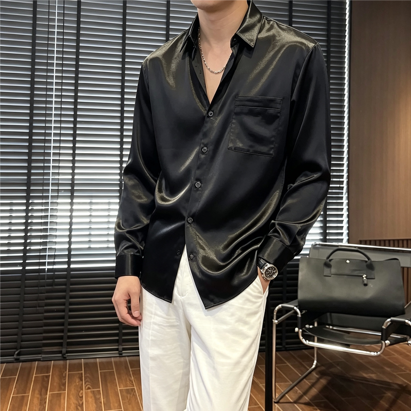 Trendy New Acetate Satin Long-Sleeve Shirt for Men, High-End Autumn Shirt, Light Luxury Popular Style, Trendy Pocket Top Trendy New Acetate Satin Long-Sleeve Shirt for Men, High-End Autumn Shirt, Light Luxury Popular Style, Trendy Pocket Top