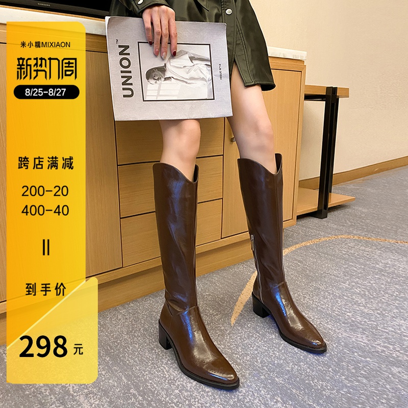 Pointed Western cowboy boots Women's high boots high knee boots White leather long tube thin thick-heeled knight boots