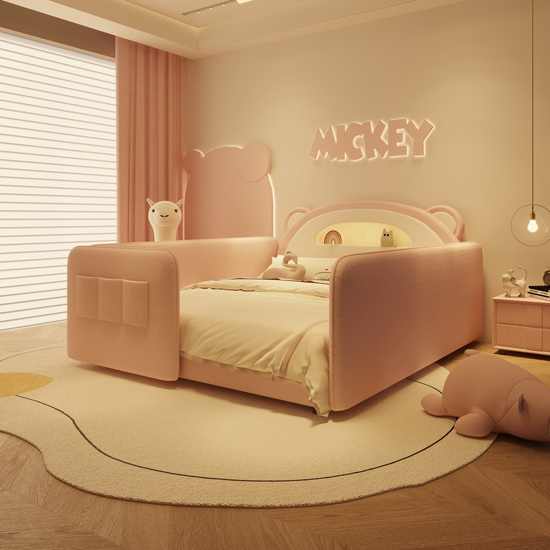 Cream-Colored Bear-Themed Second-Child Bed, Master Bedroom Parent-Child Children's Bed with Guardrails, Girl's Fabric Bed, Princess Bed with Storage Cream-Colored Bear-Themed Second-Child Bed, Master Bedroom Parent-Child Children's Bed with Guardrails, Girl's Fabric Bed, Princess Bed with Storage