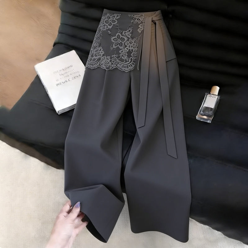 Gray Faux Two-Piece Lace-Trimmed Suit Pants for Women, 2026 Summer Trendy New Korean Style High-End Wide-Leg Pants