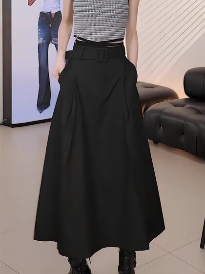 夏季韩版黑色半身裙女2025新款时尚高腰显瘦设计感A字休闲中长裙