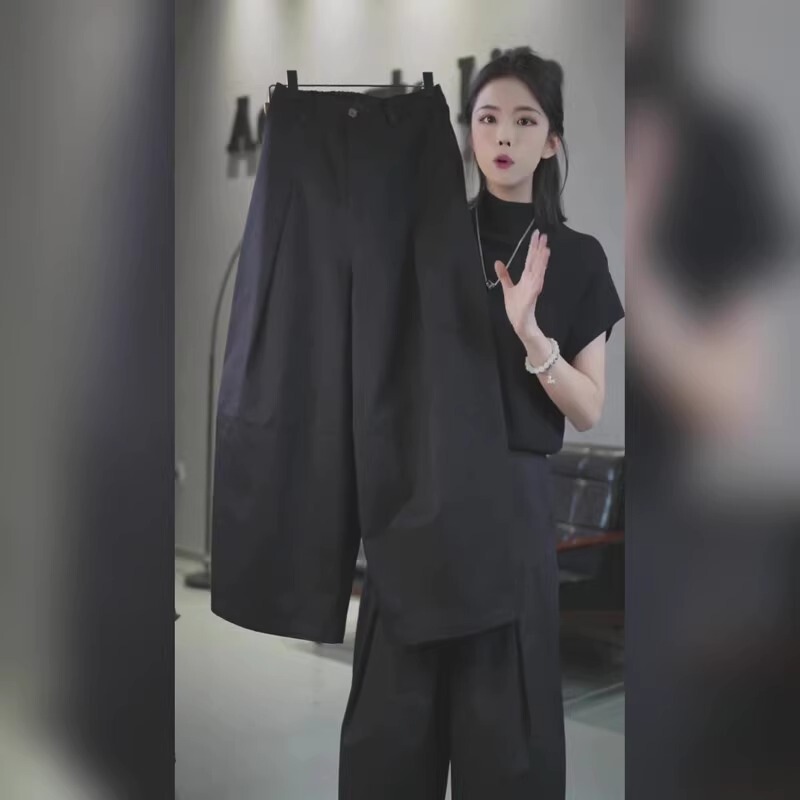Yamamoto Pants for Petite Women, Black Wide-Leg Pants, European Style, Minimalist, Hip-Covering, Slimming, Casual Pants, Women's Versatile Nine-Point Pants for Commuting Yamamoto Pants for Petite Women, Black Wide-Leg Pants, European Style, Minimalist, Hip-Covering, Slimming, Casual Pants, Women's Versatile Nine-Point Pants for Commuting
