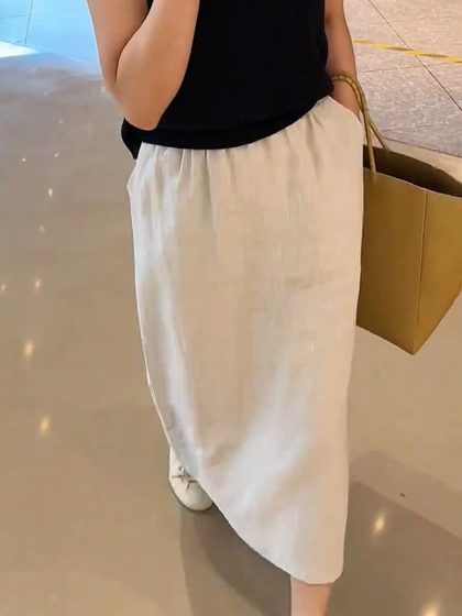 复古简约高腰褶皱插袋设计直筒半身裙2025年夏季新款修身显瘦长裙