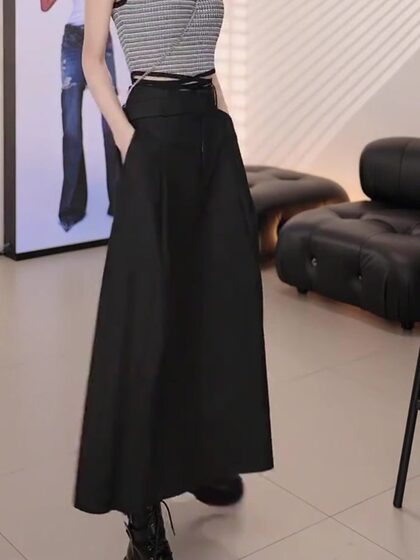 夏季韩版黑色半身裙女2025新款时尚高腰显瘦设计感A字休闲中长裙