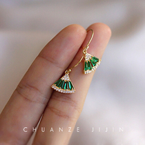American imports 14K bag gold ear hook grandmother green small fan earrings delicate and small earrings original handmade