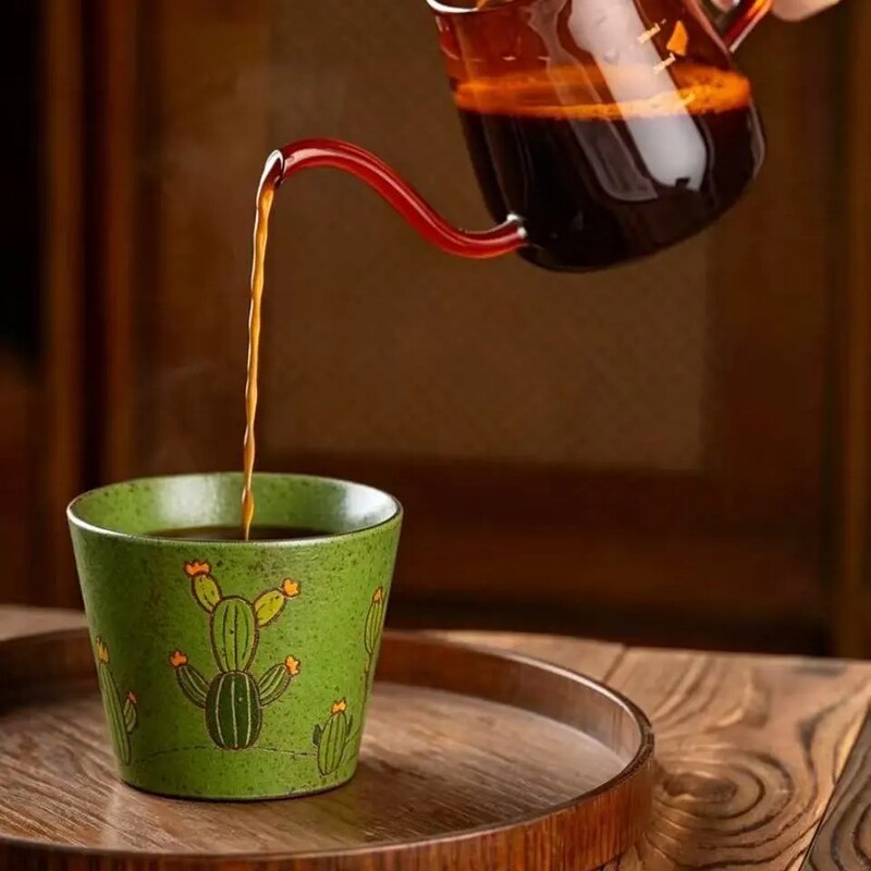 Jingdezhen Rustic Pottery Retro-Style Green Cactus Print Ceramic Coffee Mug with Unique Design and Versatile Use Jingdezhen Rustic Pottery Retro-Style Green Cactus Print Ceramic Coffee Mug with Unique Design and Versatile Use