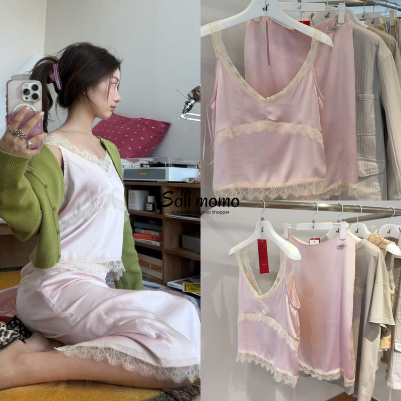 In Stock Overdueflair 26Ss Lace Trim Patchwork Skin-Friendly Satin Camisole Skirt for Women