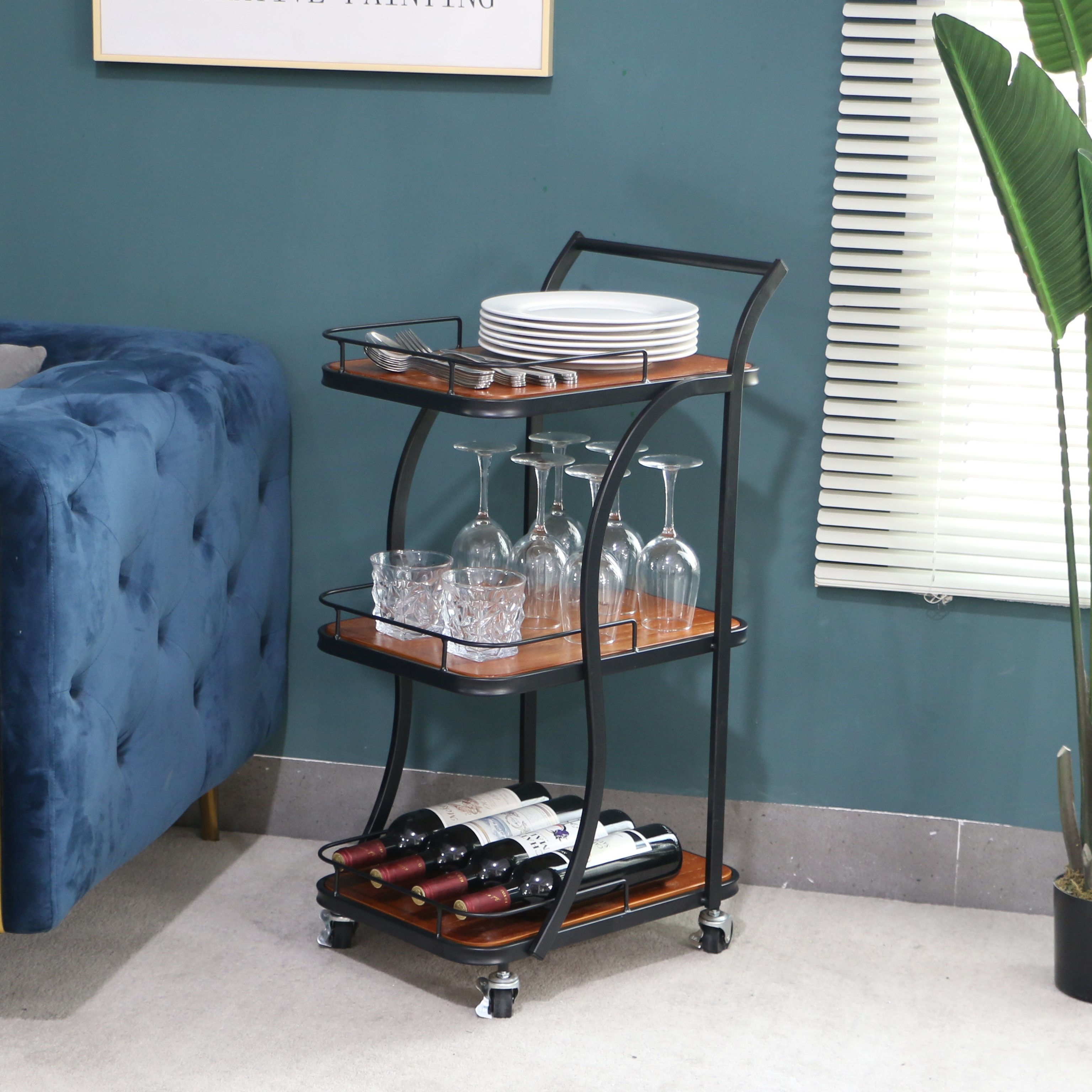 Solid wood wrought iron tea cart dining cabinet 4s shop snack cart wine cart beauty salon cart rack mobile dining cart