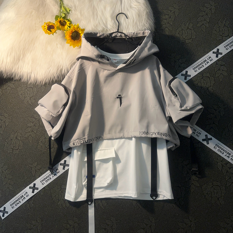 Functional Style Half-Shawl Vest Versatile Ribbon Short-Sleeve T-Shirt Set Men's Trendy Loose Couple Hooded Top