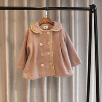 Ana xi brand spring and autumn winter Korean girl double-breasted long Korean velvet lace pink woolen coat