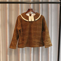 Mule brand spring and autumn winter Korean girl double-layer plus velvet super soft loose pullover grid point childrens shirt
