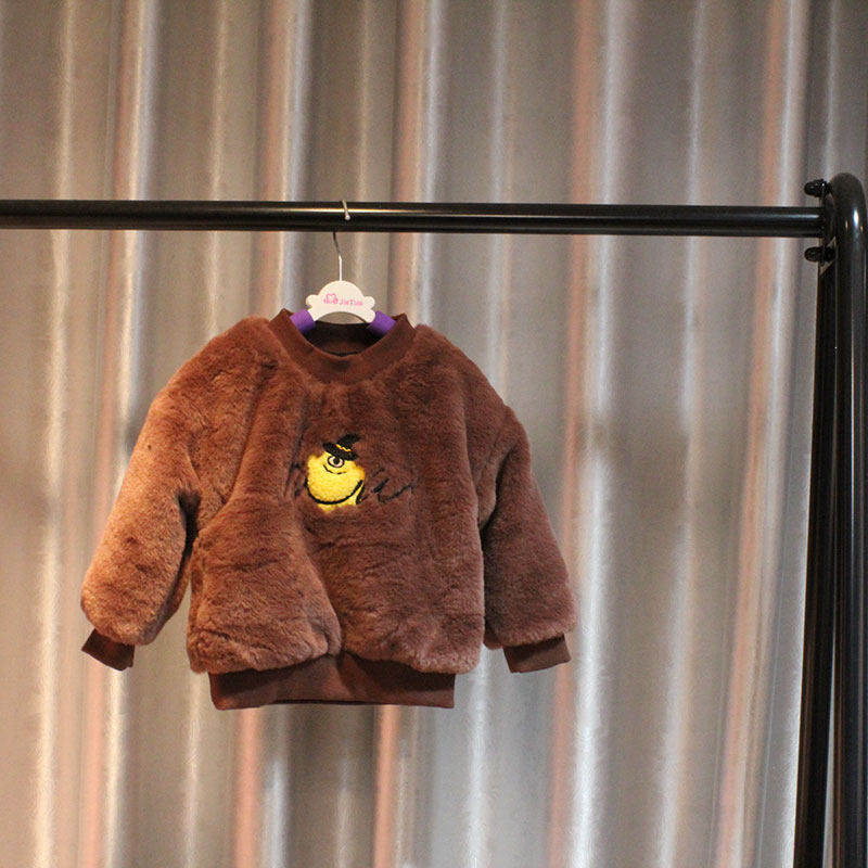 Boys and girls spring, autumn and winter new cute round neck pullover sweater Korean version of children's brown outerwear jacket