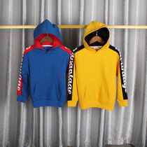 2021 autumn and winter Korean trend boy and girl hooded plus velvet color printing letter small children pullover sweater shirt