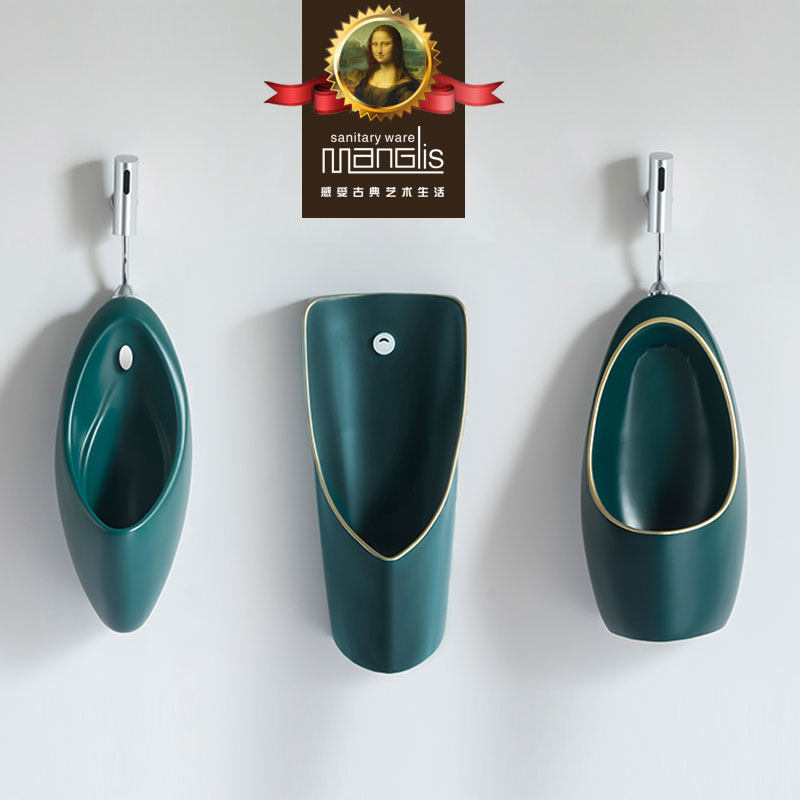 One-piece automatic induction urinal bucket wall-mounted household men's urinal floor-to-ceiling dark green ceramic urinal