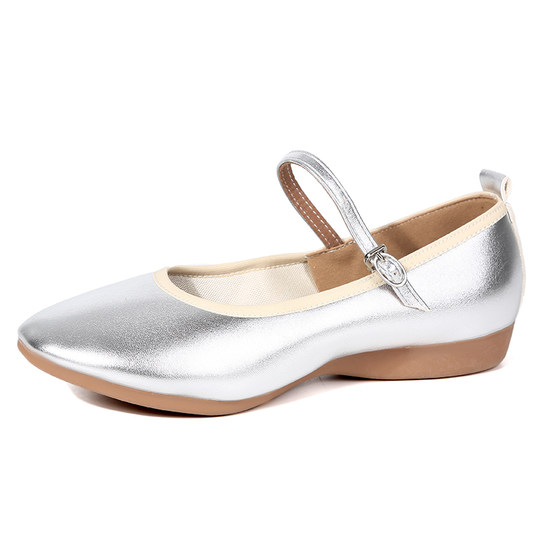 Zapatos de baile cuadrados para madre de cuero genuino con suela plana, zapatos de suela blanda para baile, zapatos de cuero de tacón bajo, zapatos de baile blancos y plateados, zapatos de rendimiento