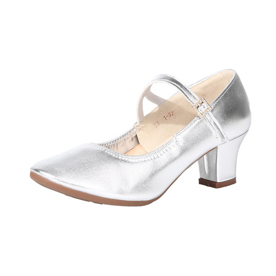 Genuine Leather Silver-Gray Women's Performance Shoes, Square Dance Shoes, Double-Row Buckle Performance Shoes, Cheongsam Model Chunky Heel Single Shoes