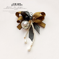 Korean fabric bow tie flower fashion Joker Pearl Crystal tassel corsage brooch Korean handmade accessories