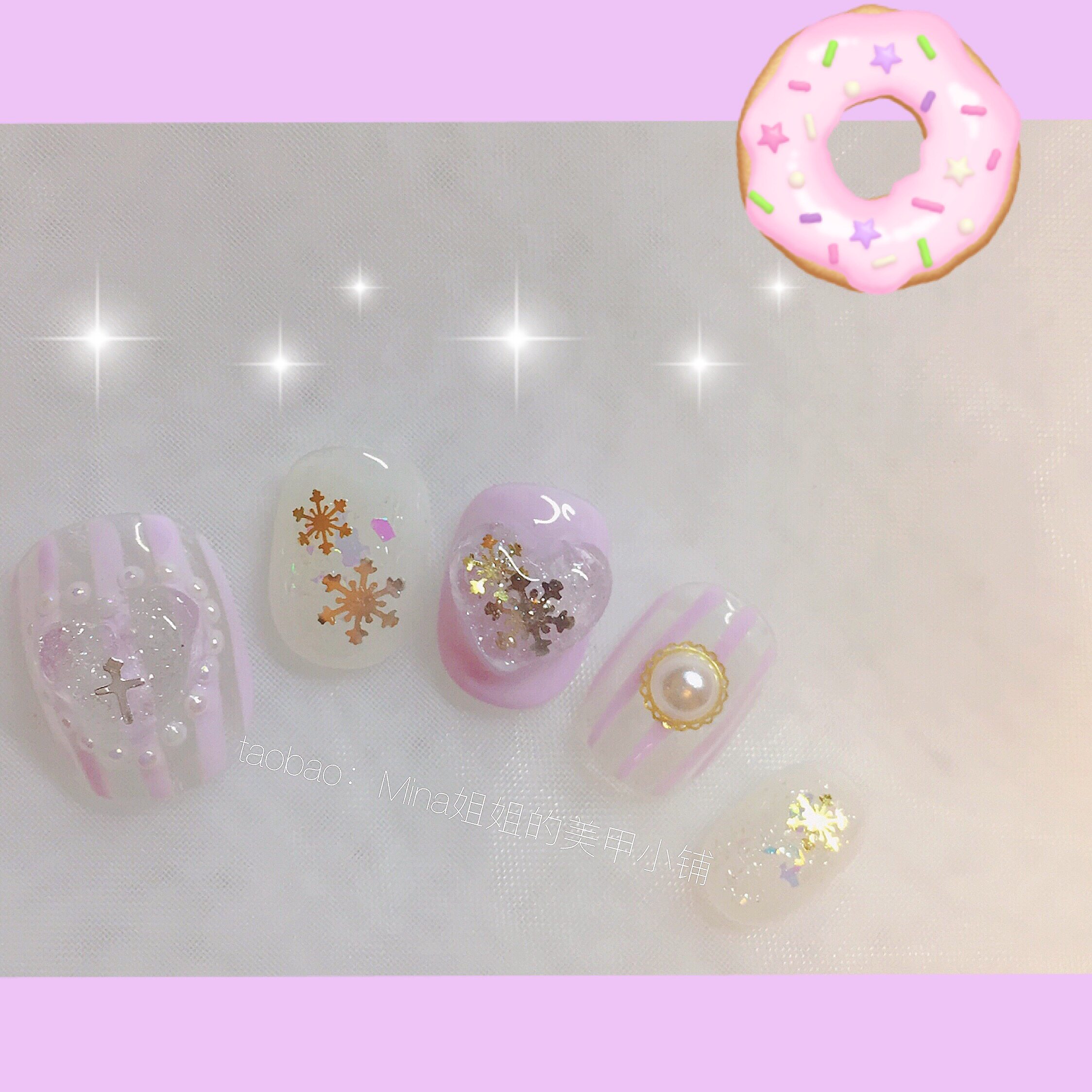 包邮日系美甲成品假片秋冬软妹学院风紫色条纹雪花爱心饰品甲短款