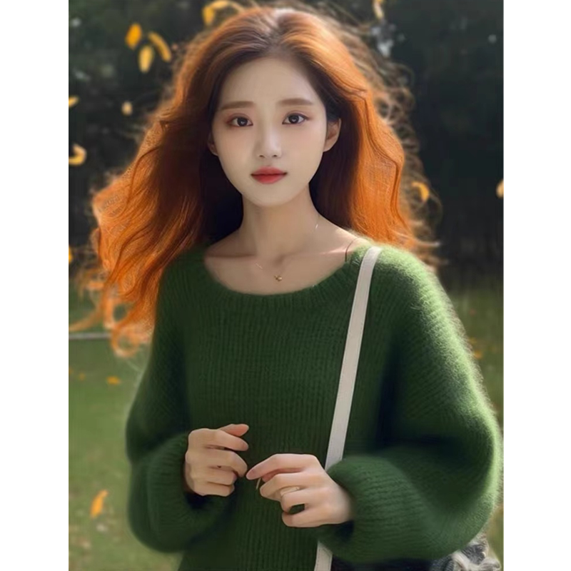 Authentic New 2026 Autumn/Winter Lazy Style Green Mohair Sweater, Soft and Loose Thick Knitwear