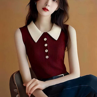 Authentic Gejia New 2026 Summer Retro Color-Block Polo Collar Ice Silk Knitted Vest Slim-Fit Sleeveless Top for Women