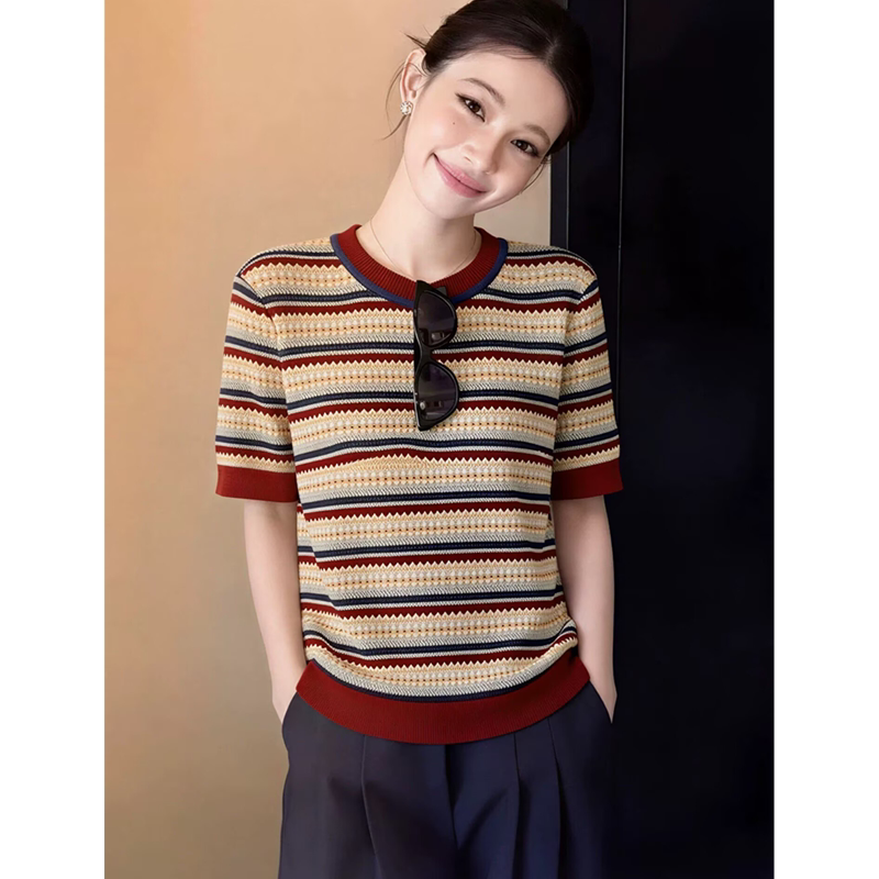 Authentic New 2026 Summer Fashion Colorful Striped Hollow-Out Short-Sleeve Knit Top for Women