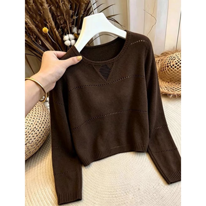 Authentic New 2026 Autumn/Winter Melard Coffee-Colored Wool Knit Sweater, Vintage Hollow-Out Loose Sweater for Women