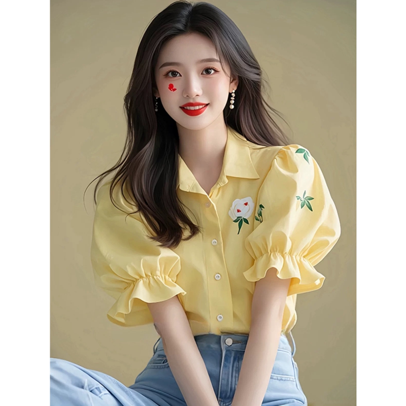 Authentic Gejia Women's Clothing 2026 Summer Dopamine Cream Yellow Puff Sleeve Floral Print Short Sleeve Shirt Stylish Blouse Authentic Gejia Women's Clothing 2026 Summer Dopamine Cream Yellow Puff Sleeve Floral Print Short Sleeve Shirt Stylish Blouse
