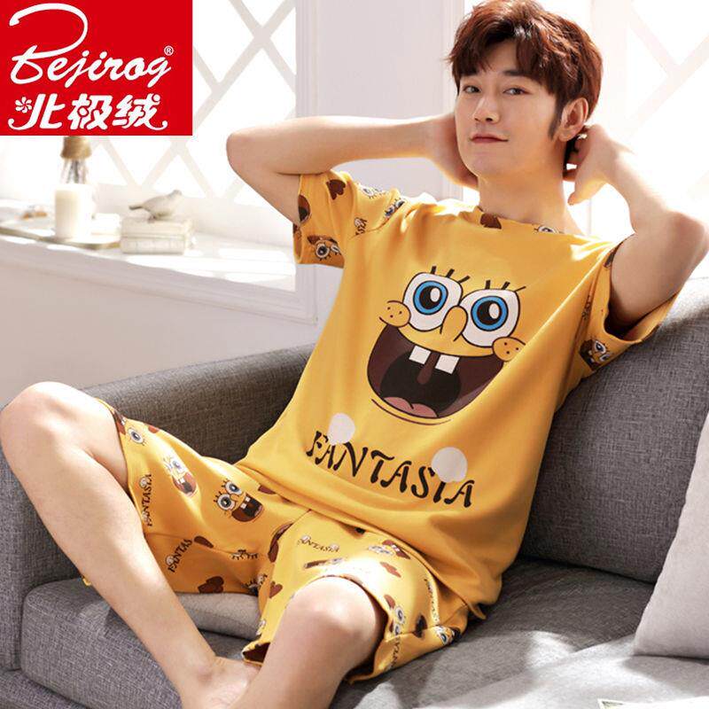 Men's Pajamas Summer Cotton Short Sleeve Cartoon Teen Boys Summer Thin Homewear Student Set