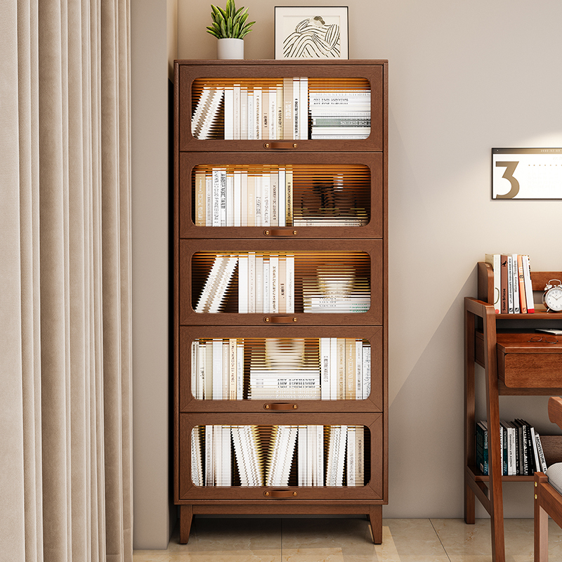 Solid Wood Dust-Proof Bookcase with Glass Door for Home Living Room, Children's Bookshelf, Floor-Standing Storage Rack, Integrated Storage Cabinet