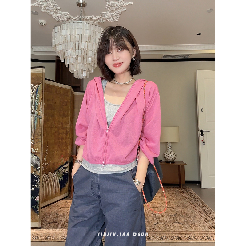 Achen【Wind Blows Moon】Lazy Style Hooded Zipper Design Knitted Cardigan for Women, Summer Long-Sleeved Sun Protection