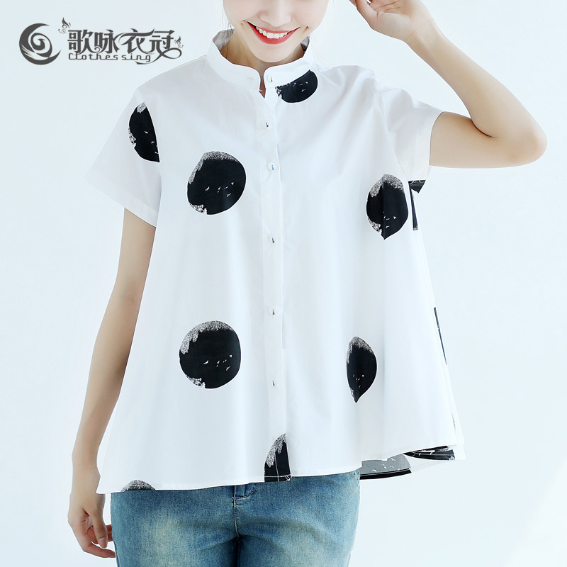 Short-sleeved shirt loose 2022 summer dress new Korean version casual all-match large size black and white polka dot stand-up collar women's shirt