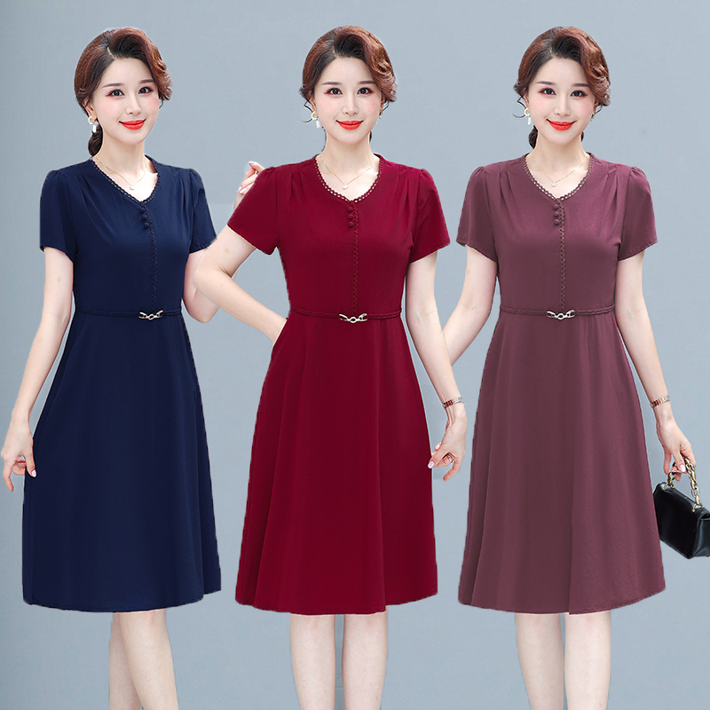 Mom's Modal Dress for Women, Summer, Middle-Aged and Elderly, Short-Sleeved, Thin, Solid Color, Elegant, Slimming, Plus-Size, Mid-Length Cotton Dress