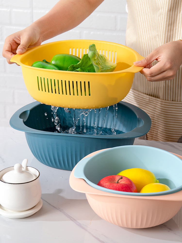 Double-layer washing basin drain basket Plastic kitchen household creative fruit basket Amoy rice washing rice fruit plate drain basket