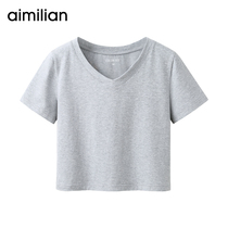 Amy Romance High Waist V Collar Short t-shirt female summer half sleeve Compassionate Pure Cotton Black Manneal White Short Sleeve Blouse