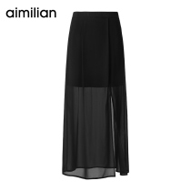 Amy love Chiffon skirt womens autumn high waist mid-length mesh black skirt split perspective a-line long skirt summer