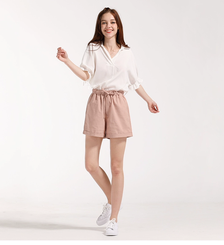 Amy yêu quần ống rộng nữ cao eo rủ 2019 mới hè co giãn eo thể thao quần cotton giản dị - Quần short