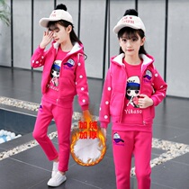 Girls  autumn and winter clothing set 2019 new trendy childrens clothing Western style fashionable plus velvet thickening large childrens sports three-piece set