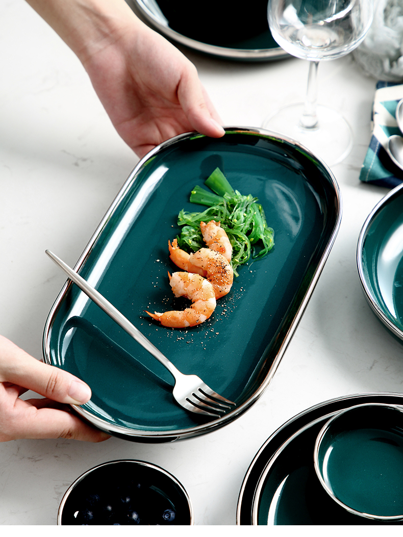 Porcelain color green jade - like stone Nordic silver edge ceramic tableware household dish dish dish soup plate western - style food dish bowl bowl rainbow such use