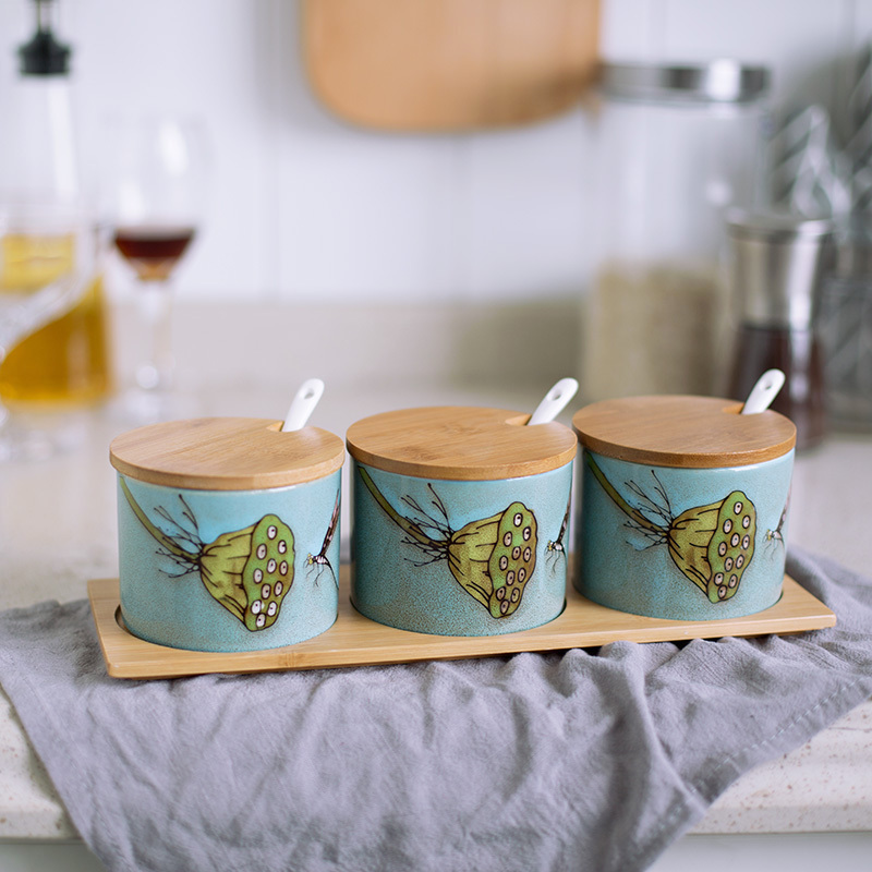 Creative kitchen seasoning as cans 3 combination suit move bamboo cover ceramic store content spices box of salt powder as cans