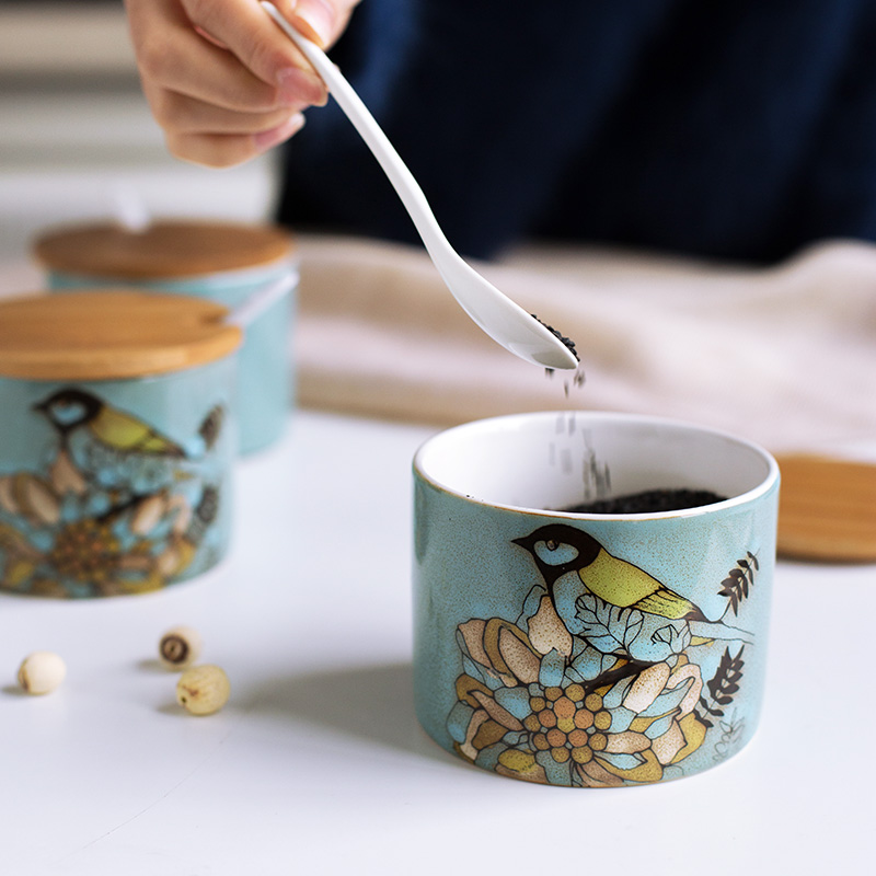Creative kitchen seasoning as cans 3 combination suit move bamboo cover ceramic store content spices box of salt powder as cans