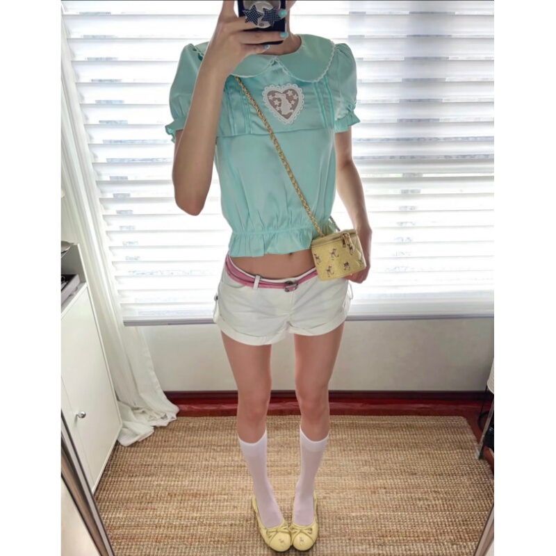 Placeorder Retro Heart Lace Bunny Lace Hollow-Out Neckline Doll Collar Mint Green Satin Shirt