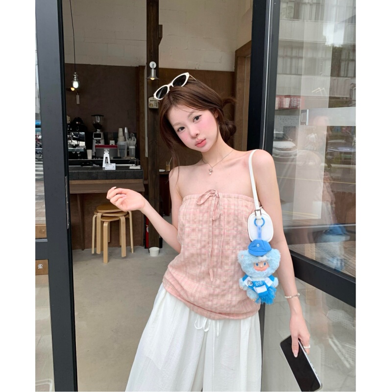 Placeorder Korean-Style Bubble Texture Two-Way Skirt for Women, Summer Loose-Fitting Pink Plaid Tube Top