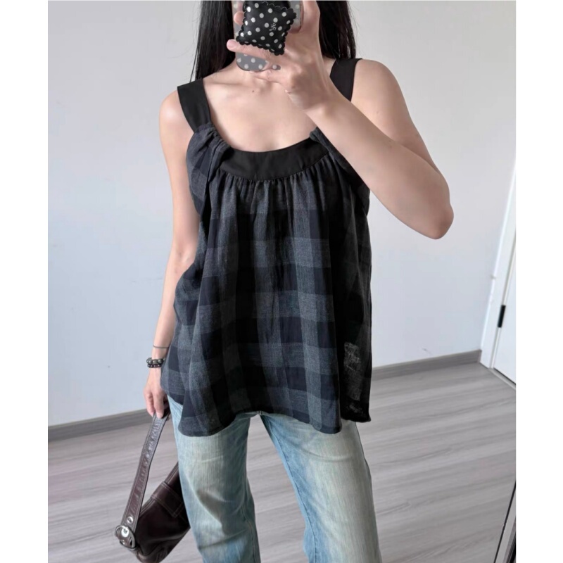 Placeorder Retro Classic Contrasting Black and Gray Plaid Loose Puffy Camisole Top That Covers the Side Breasts