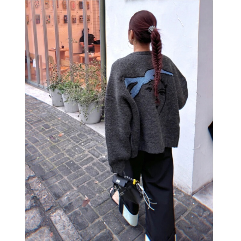 Placeorder Retro Oil Painting Peace Dove Cardigan Sweater for Women Autumn and Winter Loose Casual Long-Sleeved Knitted Top