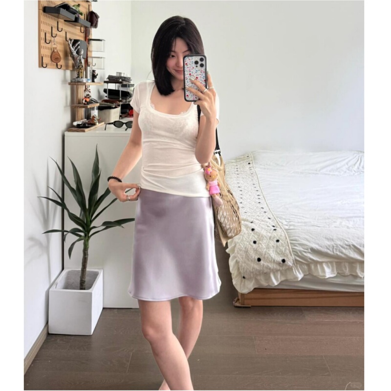 Placeorder Retro Acetate Satin Fishtail Short Skirt Casual Versatile Silky Glossy Short Skirt for Women