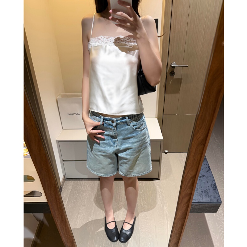 Placeorder Retro French Satin Acetate Spliced Lace Camisole Top for Women Summer