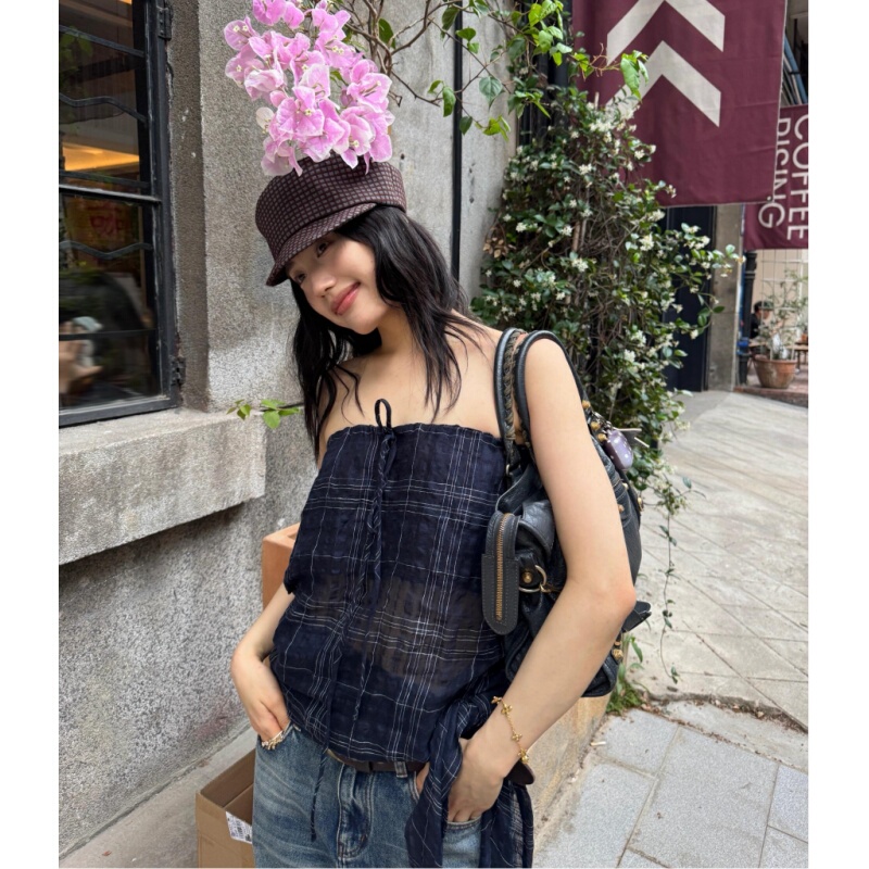 Placeorder Linen-Cotton Blend Sheer High-End Dark Plaid Texture Tube Top for Women